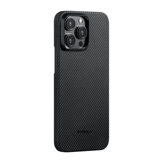 Apple iPhone 15 Pro Max Kılıf M-safe Şarj Özellikli 600D Aramid Fiber Pitaka Ultra-Slim Classic Serisi Black-Grey Twill Kapak