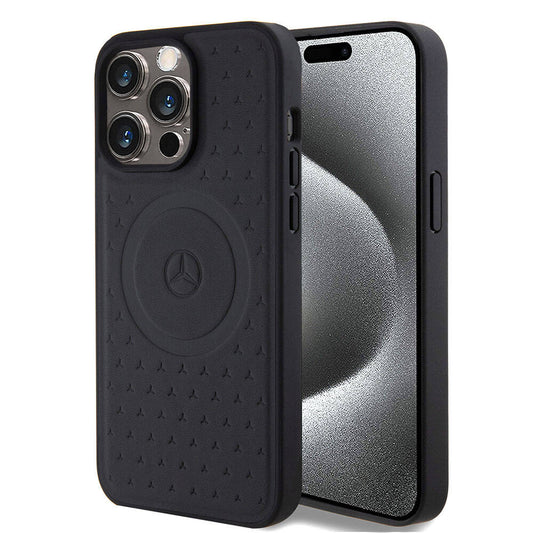 Apple iPhone 15 Pro Max Kılıf Mercedes Benz Orjinal Lisanslı M-safe Şarj Özellikli Mühürlü Yıldız Desenli ve Logolu Deri Kapak