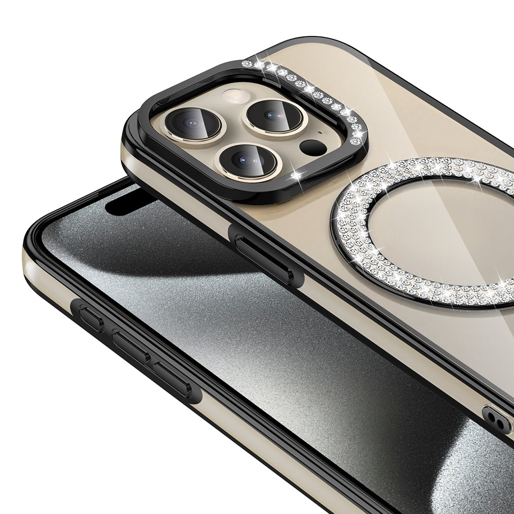 Apple iPhone 15 Pro Max Kılıf Pırlanta Taş Tasarımlı M-safe Şarj Özellikli Zore Karetta Silikon Kapak