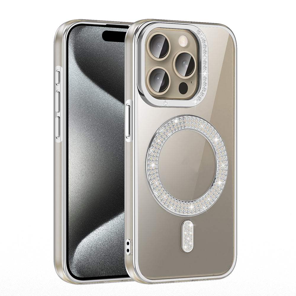 Apple iPhone 15 Pro Max Kılıf Pırlanta Taş Tasarımlı M-safe Şarj Özellikli Zore Karetta Silikon Kapak