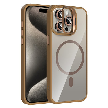 Apple iPhone 15 Pro Max Kılıf Standlı ve Kamera Lens Hediyeli M-Safe Şarj Özellikli Zore Etro Kapak