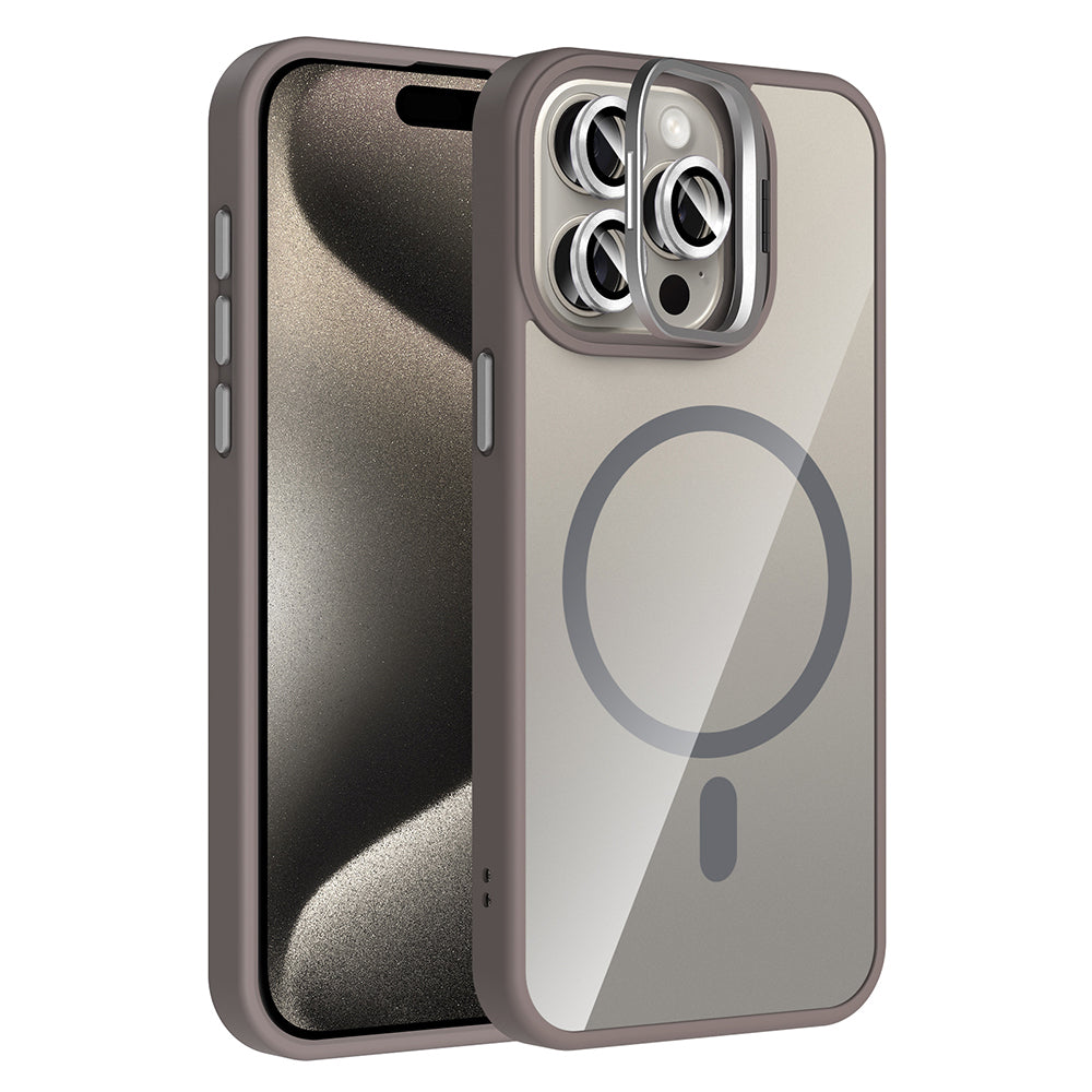 Apple iPhone 15 Pro Max Kılıf Standlı ve Kamera Lens Hediyeli M-Safe Şarj Özellikli Zore Etro Kapak