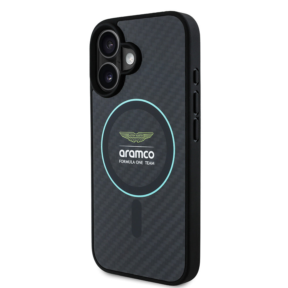 Apple iPhone 16 Kılıf Aston Martin Orjinal Lisanslı M-safe Şarj Özellikli Renkli Halka ve Karbon Fiber Tasarımlı Kapak
