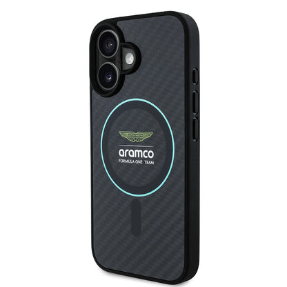 Apple iPhone 16 Kılıf Aston Martin Orjinal Lisanslı M-safe Şarj Özellikli Renkli Halka ve Karbon Fiber Tasarımlı Kapak