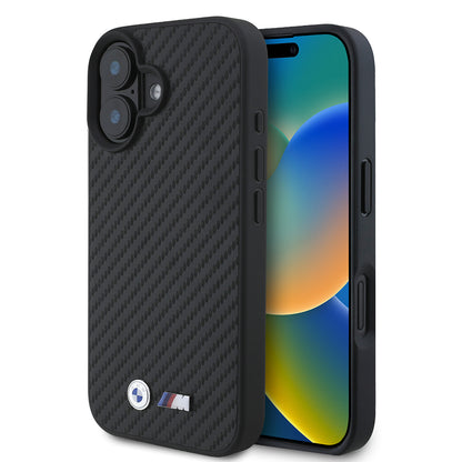 Apple iPhone 16 Kılıf BMW Orjinal Lisanslı Karbon Fiber Tasarımlı ve Metal Logolu PU Deri Kapak