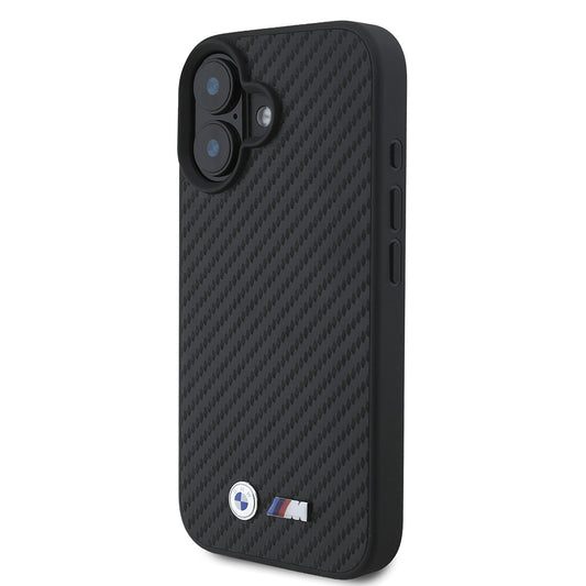 Apple iPhone 16 Kılıf BMW Orjinal Lisanslı Karbon Fiber Tasarımlı ve Metal Logolu PU Deri Kapak