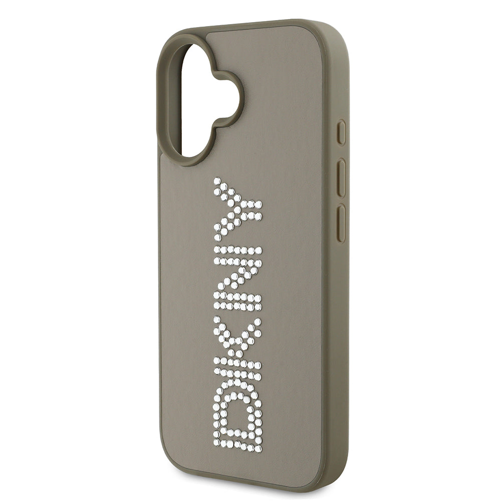 Apple iPhone 16 Kılıf DKNY Orjinal Lisanslı Taşlı DKNY Yazılı Metalik Rhinestones PU Deri Kapak