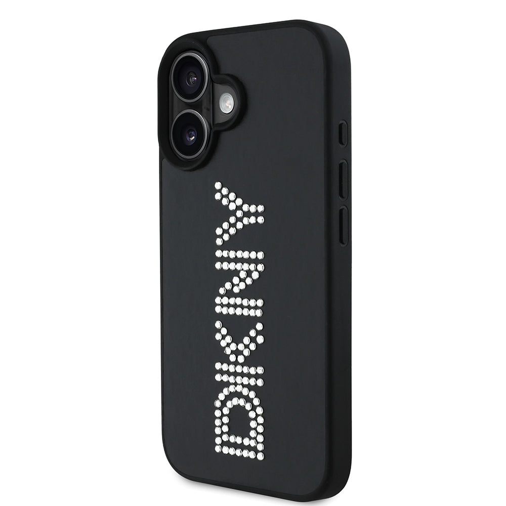 Apple iPhone 16 Kılıf DKNY Orjinal Lisanslı Taşlı DKNY Yazılı Metalik Rhinestones PU Deri Kapak