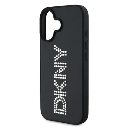 Apple iPhone 16 Kılıf DKNY Orjinal Lisanslı Taşlı DKNY Yazılı Metalik Rhinestones PU Deri Kapak