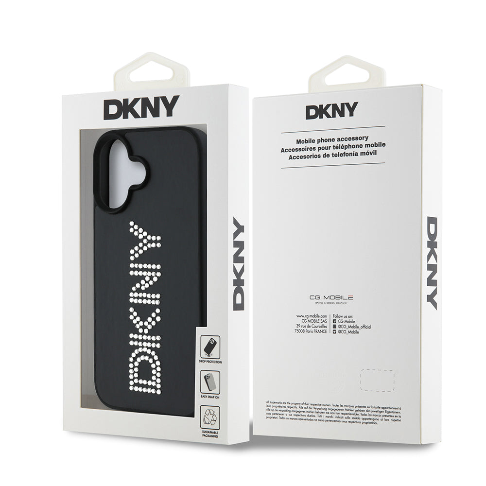 Apple iPhone 16 Kılıf DKNY Orjinal Lisanslı Taşlı DKNY Yazılı Metalik Rhinestones PU Deri Kapak