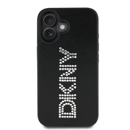 Apple iPhone 16 Kılıf DKNY Orjinal Lisanslı Taşlı DKNY Yazılı Metalik Rhinestones PU Deri Kapak