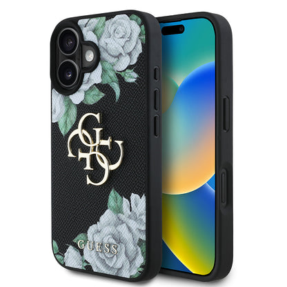 Apple iPhone 16 Kılıf Guess Orjinal Lisanslı Gül Baskılı Büyük Metal Logo Dizaynlı Kapak