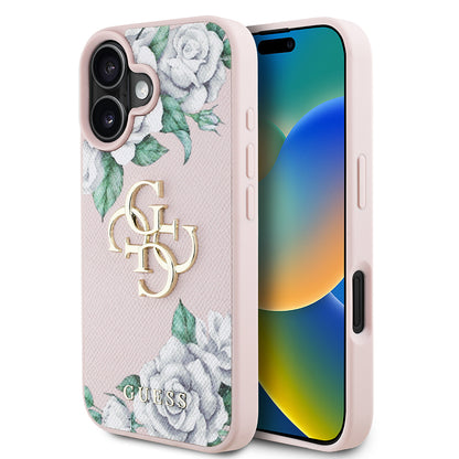 Apple iPhone 16 Kılıf Guess Orjinal Lisanslı Gül Baskılı Büyük Metal Logo Dizaynlı Kapak