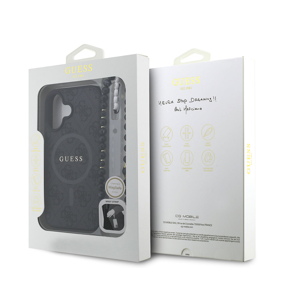 Apple iPhone 16 Kılıf Guess Orjinal Lisanslı M-safe Şarj Özellikli PU Deri Bilek Askı İpli Yazı Logolu Kapak