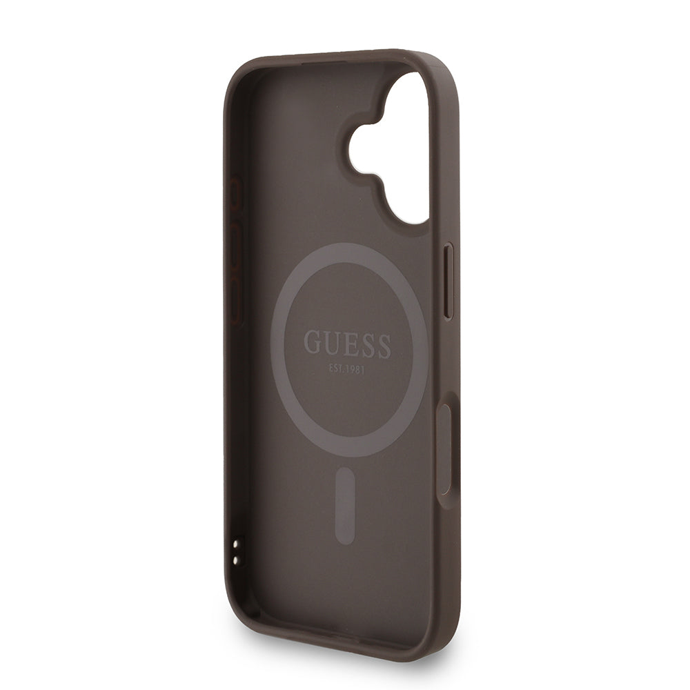Apple iPhone 16 Kılıf Guess Orjinal Lisanslı M-safe Şarj Özellikli PU Deri Bilek Askı İpli Yazı Logolu Kapak