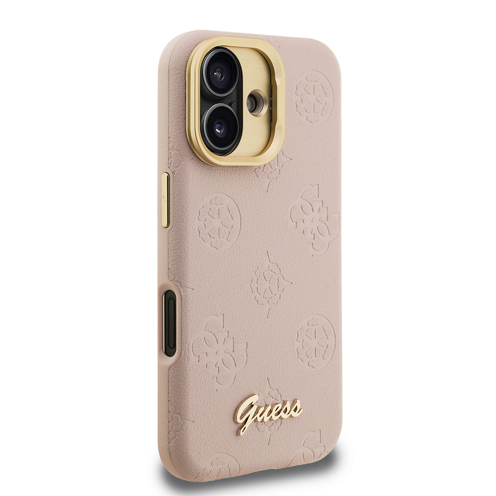 Apple iPhone 16 Kılıf Guess Orjinal Lisanslı M-safe Şarj Özellikli Sıcak Baskılı Yazı Logolu Kamera Standlı PU Deri Peony Kapak