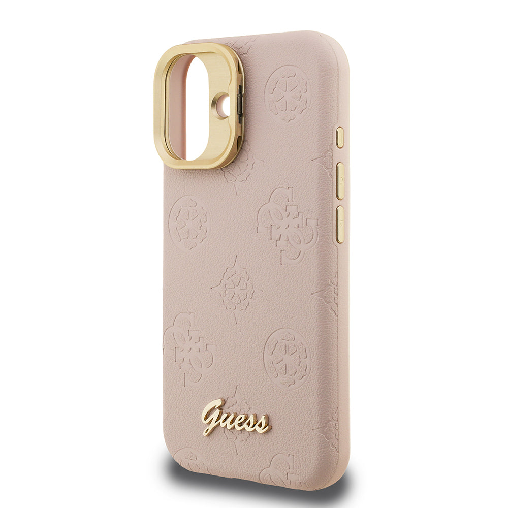 Apple iPhone 16 Kılıf Guess Orjinal Lisanslı M-safe Şarj Özellikli Sıcak Baskılı Yazı Logolu Kamera Standlı PU Deri Peony Kapak