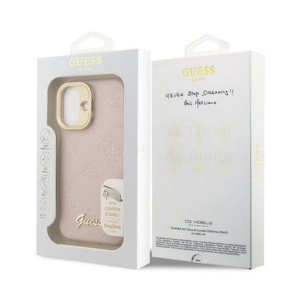 Apple iPhone 16 Kılıf Guess Orjinal Lisanslı M-safe Şarj Özellikli Sıcak Baskılı Yazı Logolu Kamera Standlı PU Deri Peony Kapak