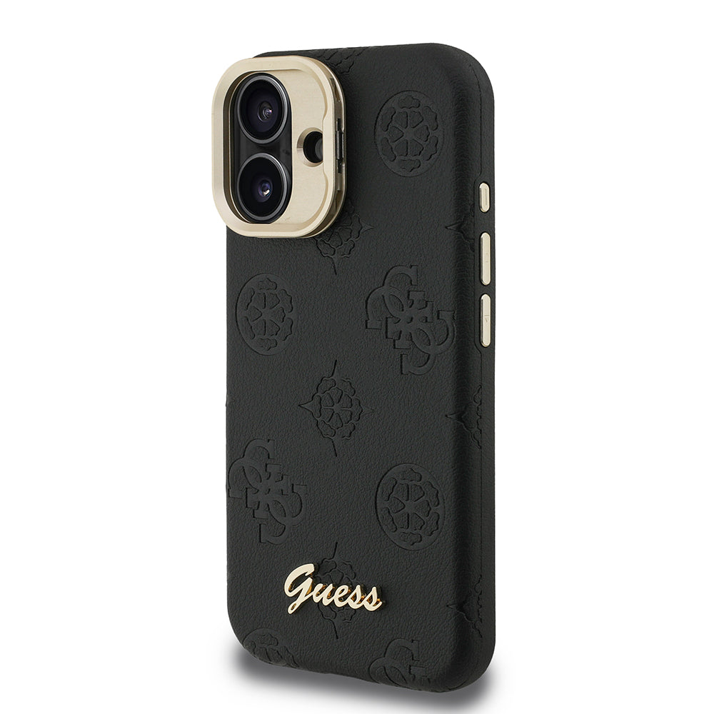 Apple iPhone 16 Kılıf Guess Orjinal Lisanslı M-safe Şarj Özellikli Sıcak Baskılı Yazı Logolu Kamera Standlı PU Deri Peony Kapak
