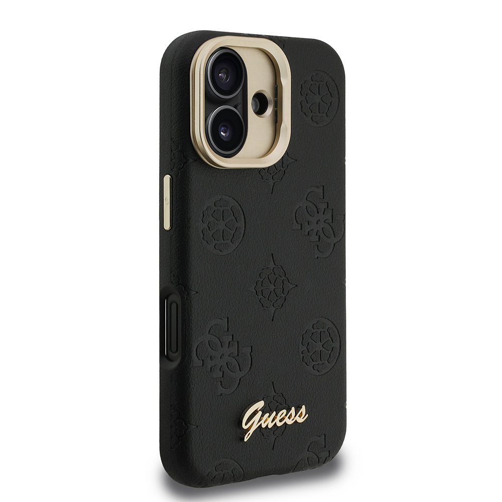 Apple iPhone 16 Kılıf Guess Orjinal Lisanslı M-safe Şarj Özellikli Sıcak Baskılı Yazı Logolu Kamera Standlı PU Deri Peony Kapak
