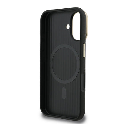 Apple iPhone 16 Kılıf Guess Orjinal Lisanslı M-safe Şarj Özellikli Sıcak Baskılı Yazı Logolu Kamera Standlı PU Deri Peony Kapak