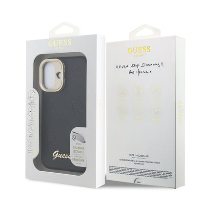 Apple iPhone 16 Kılıf Guess Orjinal Lisanslı M-safe Şarj Özellikli Sıcak Baskılı Yazı Logolu Kamera Standlı PU Deri Peony Kapak