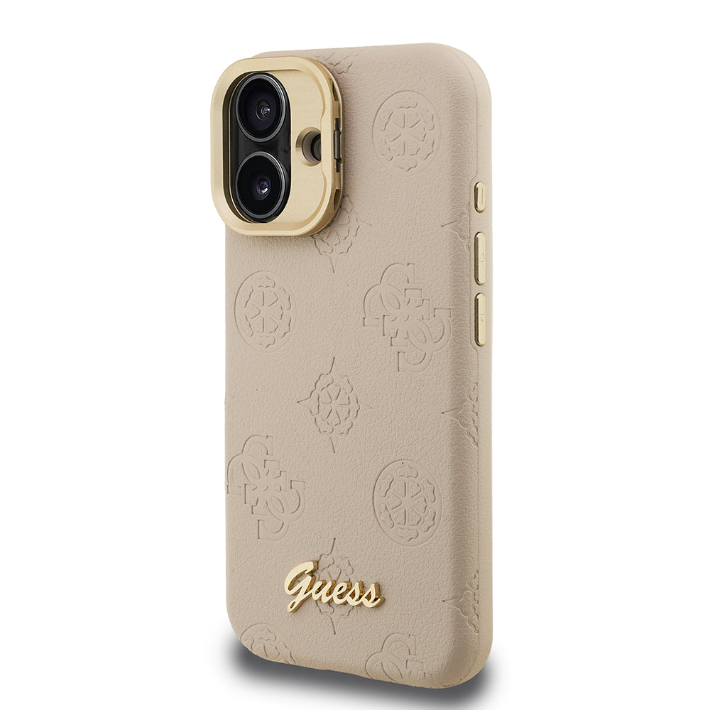 Apple iPhone 16 Kılıf Guess Orjinal Lisanslı M-safe Şarj Özellikli Sıcak Baskılı Yazı Logolu Kamera Standlı PU Deri Peony Kapak
