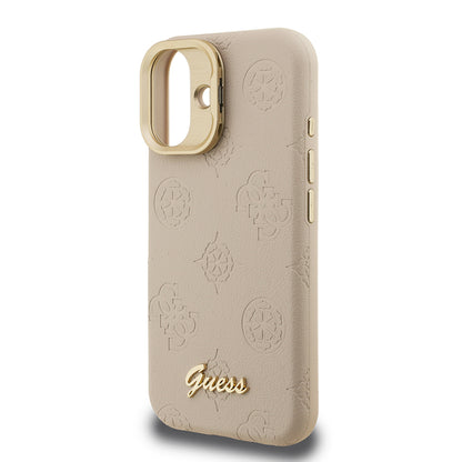 Apple iPhone 16 Kılıf Guess Orjinal Lisanslı M-safe Şarj Özellikli Sıcak Baskılı Yazı Logolu Kamera Standlı PU Deri Peony Kapak