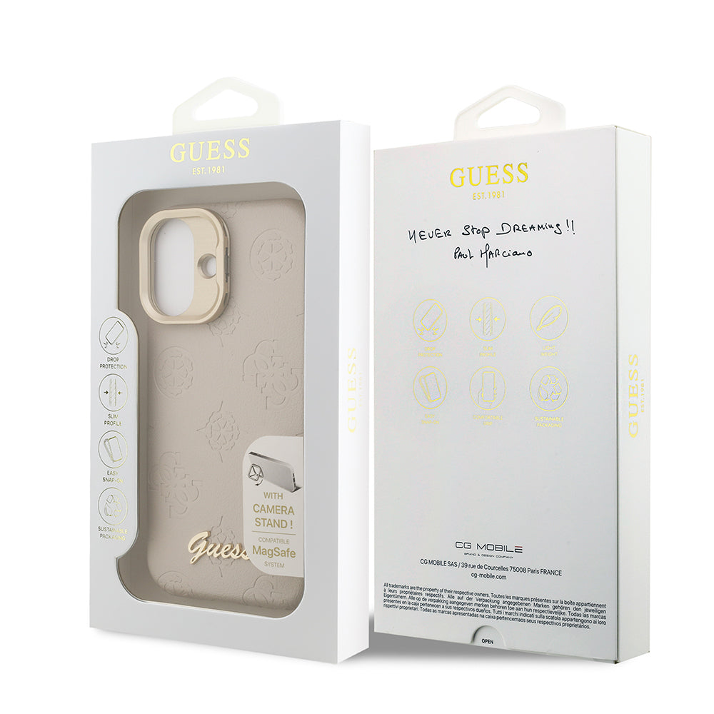 Apple iPhone 16 Kılıf Guess Orjinal Lisanslı M-safe Şarj Özellikli Sıcak Baskılı Yazı Logolu Kamera Standlı PU Deri Peony Kapak