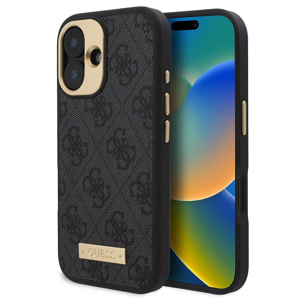Apple iPhone 16 Kılıf Guess Orjinal Lisanslı M-safe Şarj Özellikli PU 4G Desenli Metal Plaka Klasik Logolu Kapak