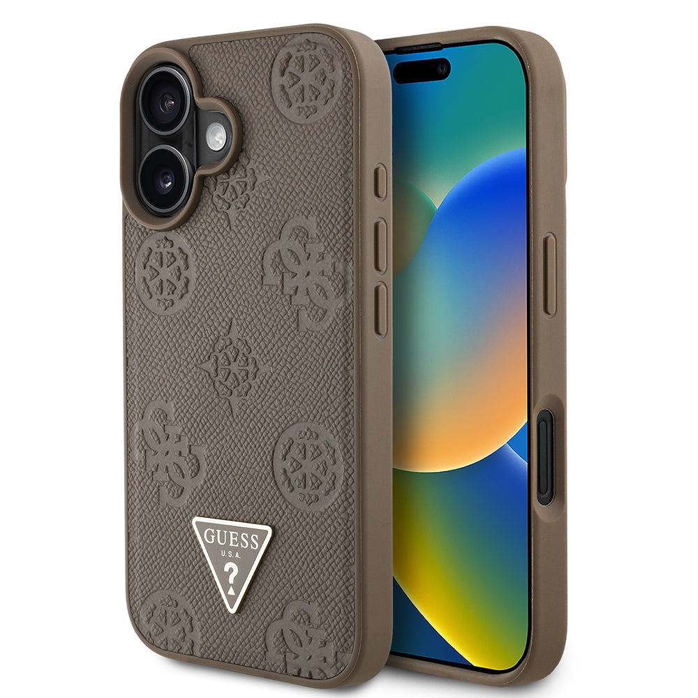Apple iPhone 16 Kılıf Guess Orjinal Lisanslı M-safe Şarj Özellikli Sıcak Baskılı Üçgen Logolu PU Deri Peony Kapak