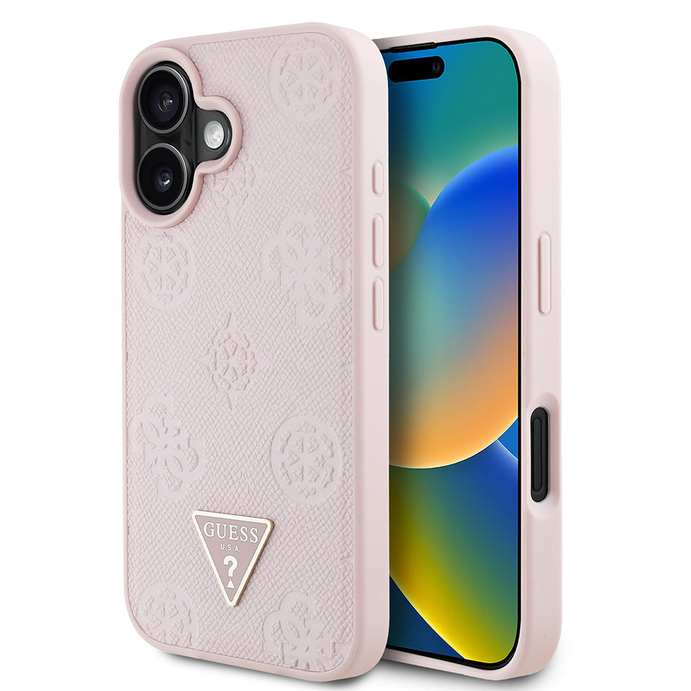 Apple iPhone 16 Kılıf Guess Orjinal Lisanslı M-safe Şarj Özellikli Sıcak Baskılı Üçgen Logolu PU Deri Peony Kapak