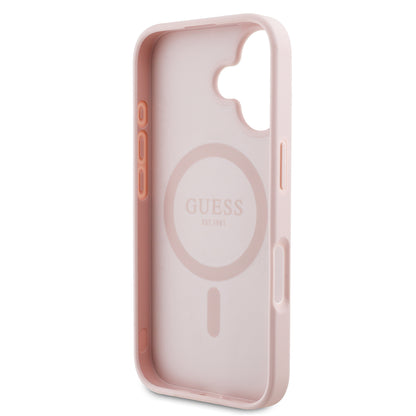 Apple iPhone 16 Kılıf Guess Orjinal Lisanslı M-safe Şarj Özellikli Sıcak Baskılı Üçgen Logolu PU Deri Peony Kapak
