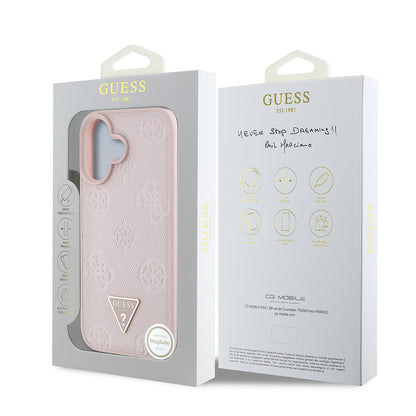 Apple iPhone 16 Kılıf Guess Orjinal Lisanslı M-safe Şarj Özellikli Sıcak Baskılı Üçgen Logolu PU Deri Peony Kapak