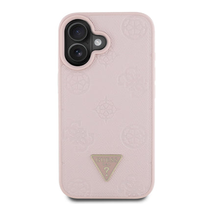 Apple iPhone 16 Kılıf Guess Orjinal Lisanslı M-safe Şarj Özellikli Sıcak Baskılı Üçgen Logolu PU Deri Peony Kapak
