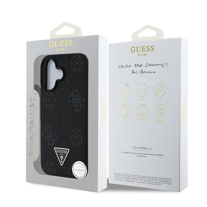 Apple iPhone 16 Kılıf Guess Orjinal Lisanslı M-safe Şarj Özellikli Sıcak Baskılı Üçgen Logolu PU Deri Peony Kapak