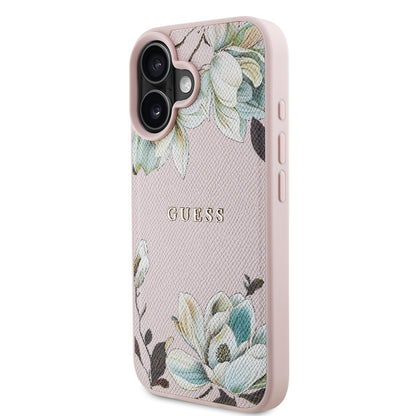 Apple iPhone 16 Kılıf Guess Orjinal Lisanslı M-safe Şarj Özellikli Taneli Çiçek Tasarımlı Metal Yazı Logolu Kapak