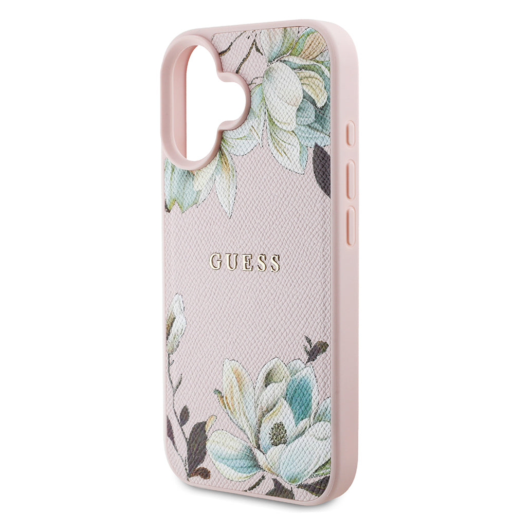 Apple iPhone 16 Kılıf Guess Orjinal Lisanslı M-safe Şarj Özellikli Taneli Çiçek Tasarımlı Metal Yazı Logolu Kapak