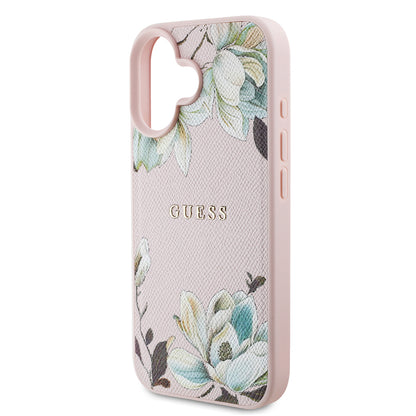 Apple iPhone 16 Kılıf Guess Orjinal Lisanslı M-safe Şarj Özellikli Taneli Çiçek Tasarımlı Metal Yazı Logolu Kapak
