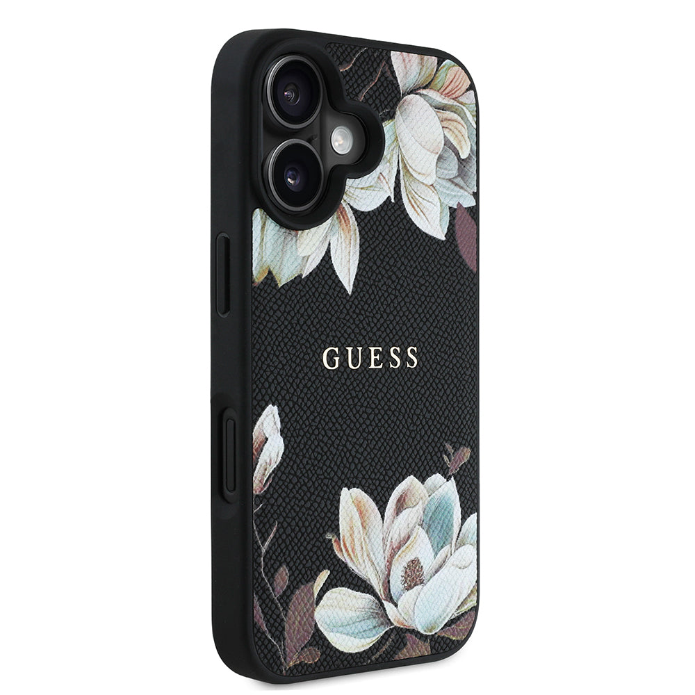 Apple iPhone 16 Kılıf Guess Orjinal Lisanslı M-safe Şarj Özellikli Taneli Çiçek Tasarımlı Metal Yazı Logolu Kapak
