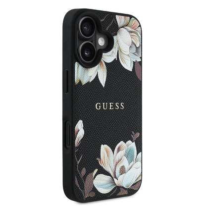 Apple iPhone 16 Kılıf Guess Orjinal Lisanslı M-safe Şarj Özellikli Taneli Çiçek Tasarımlı Metal Yazı Logolu Kapak
