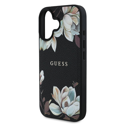 Apple iPhone 16 Kılıf Guess Orjinal Lisanslı M-safe Şarj Özellikli Taneli Çiçek Tasarımlı Metal Yazı Logolu Kapak