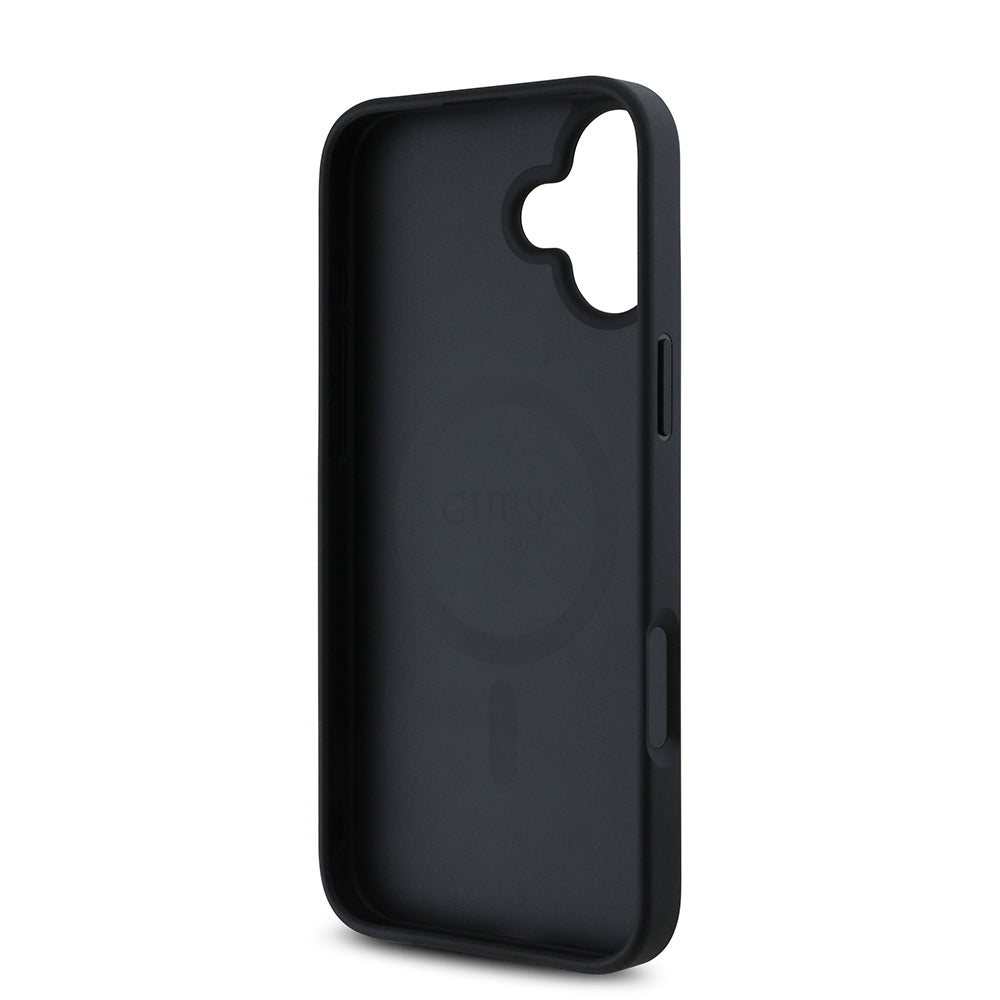 Apple iPhone 16 Kılıf Guess Orjinal Lisanslı M-safe Şarj Özellikli Taneli Çiçek Tasarımlı Metal Yazı Logolu Kapak