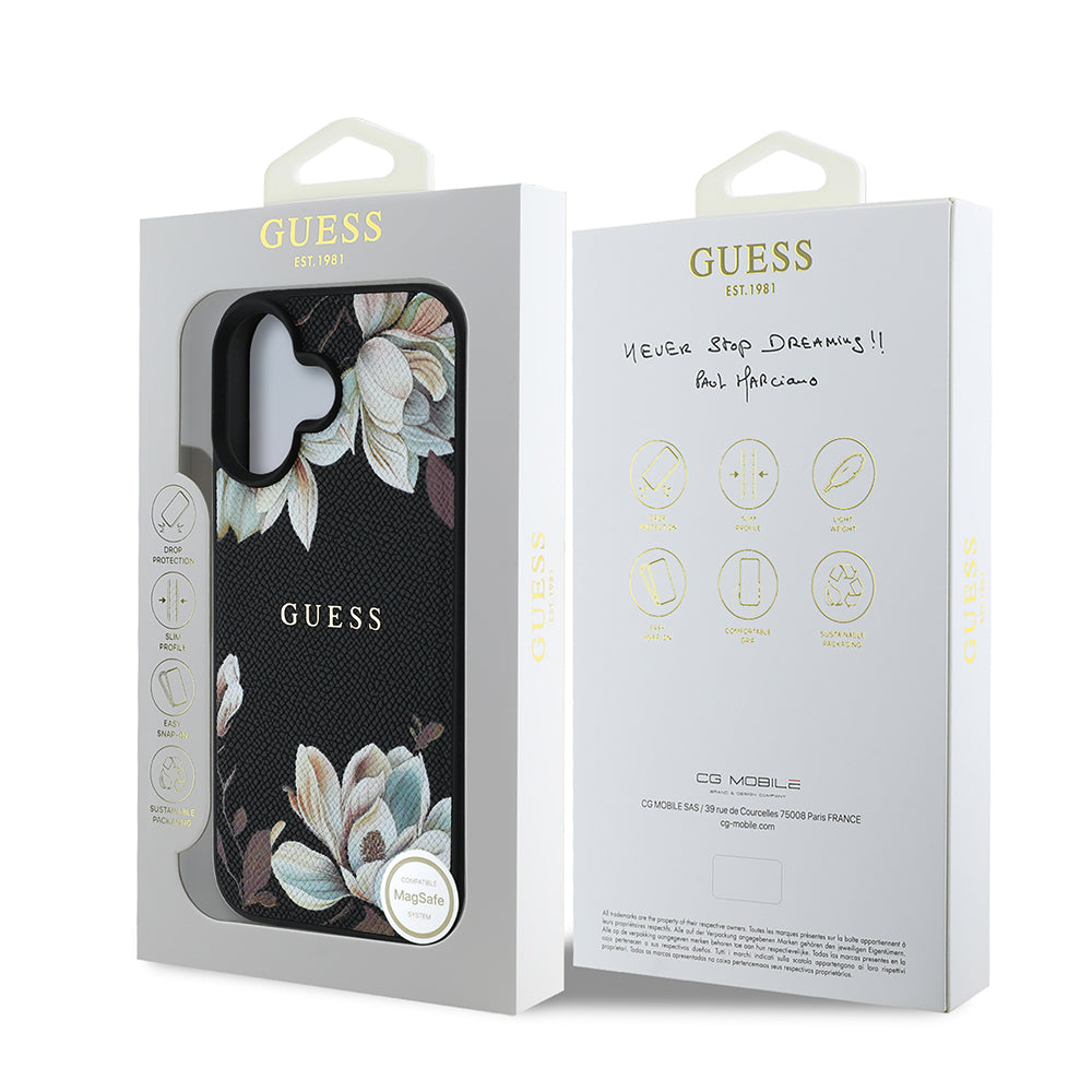 Apple iPhone 16 Kılıf Guess Orjinal Lisanslı M-safe Şarj Özellikli Taneli Çiçek Tasarımlı Metal Yazı Logolu Kapak