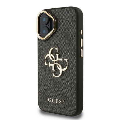 Apple iPhone 16 Kılıf Guess Orjinal Lisanslı PU Deri 4G Desenli Metal Büyük 4G ve Yazı Logolu Kamera Standlı Kapak
