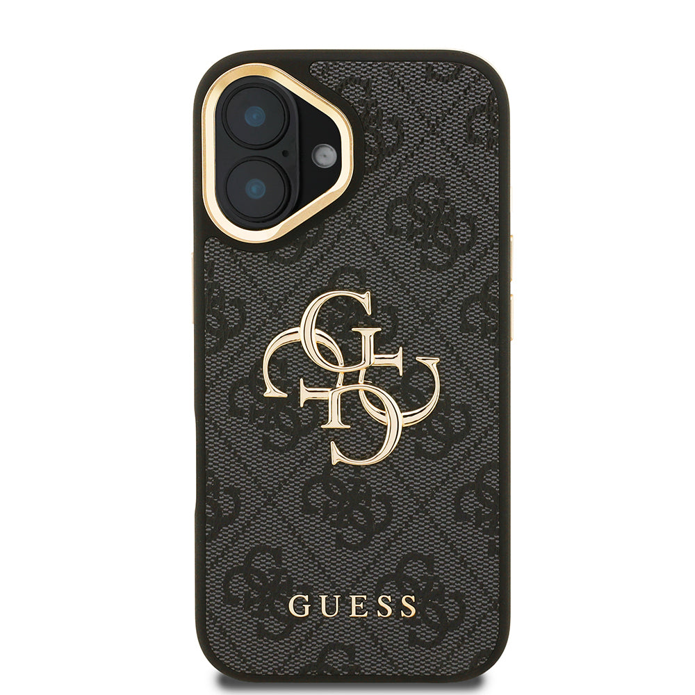 Apple iPhone 16 Kılıf Guess Orjinal Lisanslı PU Deri 4G Desenli Metal Büyük 4G ve Yazı Logolu Kamera Standlı Kapak