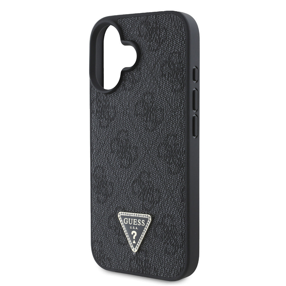 Apple iPhone 16 Kılıf Guess Orjinal Lisanslı PU Deri Taşlı Üçgen Logo 4G Desenli Strass Kapak