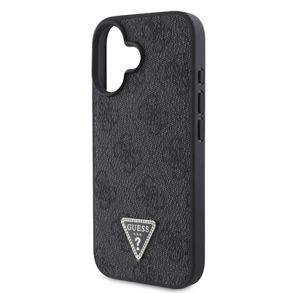 Apple iPhone 16 Kılıf Guess Orjinal Lisanslı PU Deri Taşlı Üçgen Logo 4G Desenli Strass Kapak