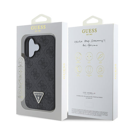 Apple iPhone 16 Kılıf Guess Orjinal Lisanslı PU Deri Taşlı Üçgen Logo 4G Desenli Strass Kapak