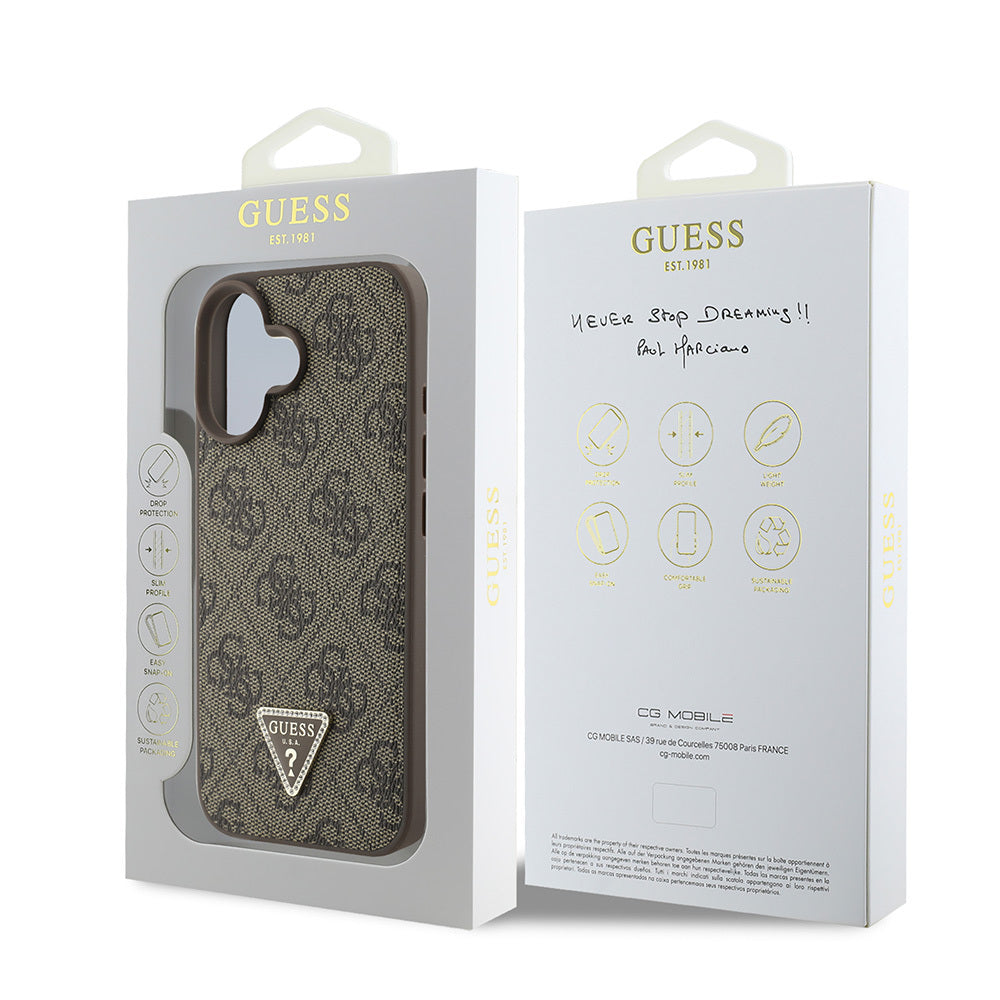 Apple iPhone 16 Kılıf Guess Orjinal Lisanslı PU Deri Taşlı Üçgen Logo 4G Desenli Strass Kapak